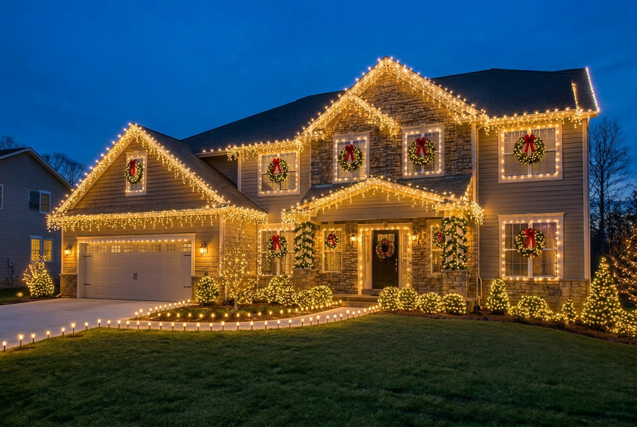 Home decorated with Christmas lights